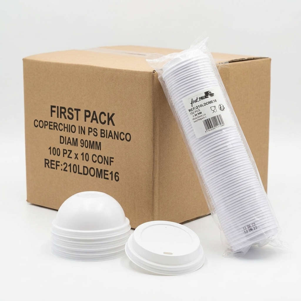 [210LDOME16] PS-Deckel Weiß Ø90 mm für Kaffeebecher 100 Stk x 10 Pack First