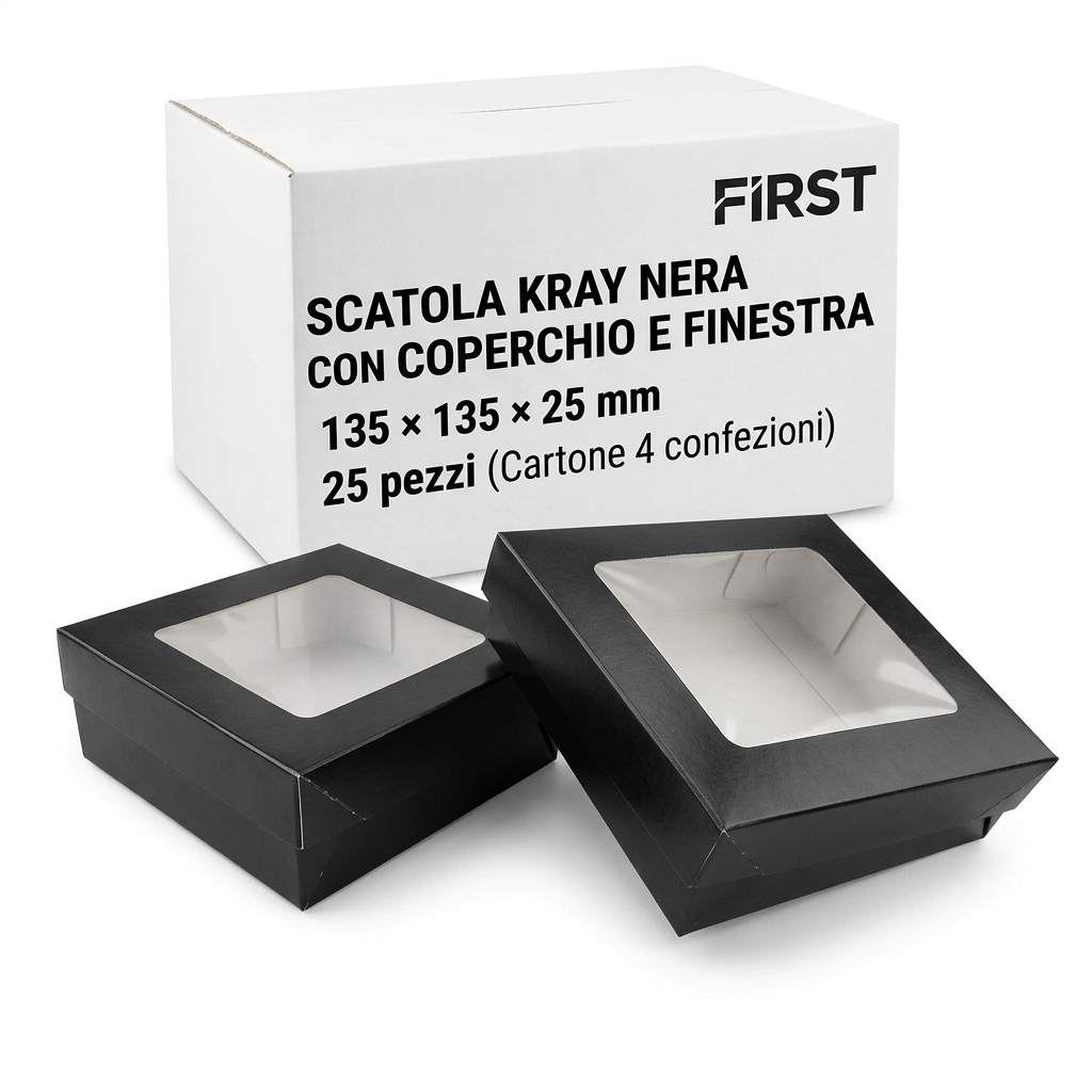 Black Kray Box with Lid and Window 135 × 135 × 25 mm, 25 pcs (Case 4 packs) FIRST