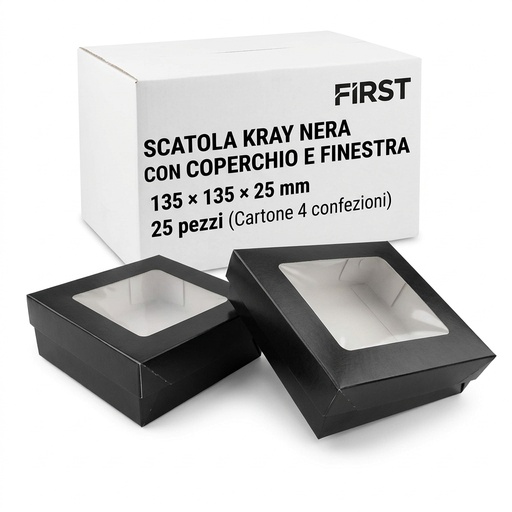 Black Kray Box with Lid and Window 135 × 135 × 25 mm, 25 pcs (Case 4 packs) FIRST