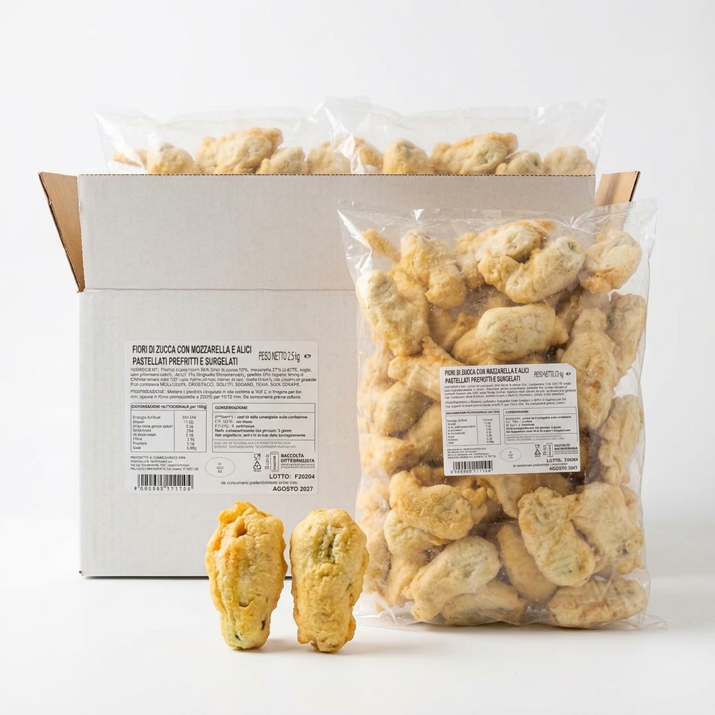 Fiori di Zucca Ripieni Mozzarella e Alici Pastellati Prefritti Surgelati 60 g 2x 2,5 kg — Garbo
