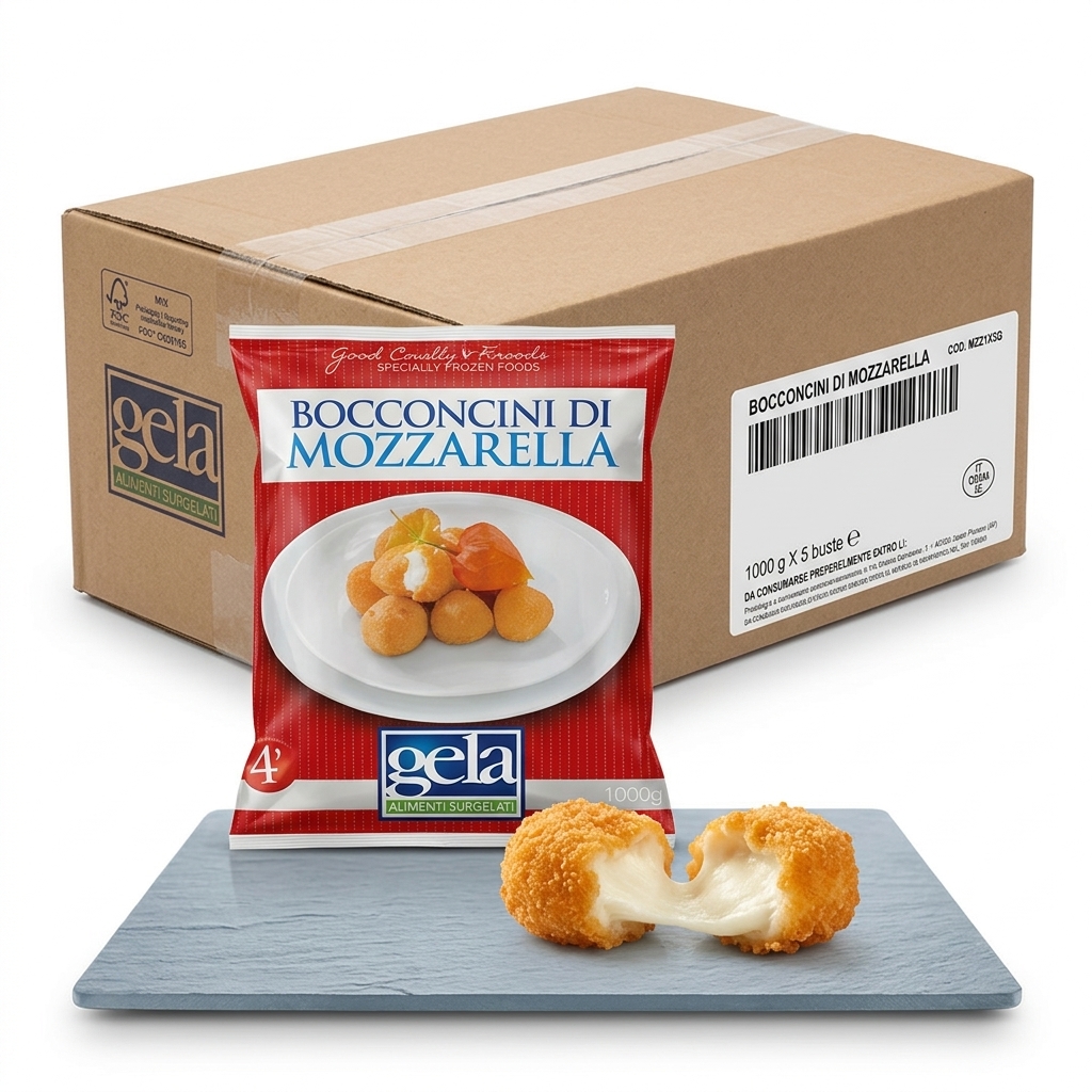 [07112710] Petites Mozzarella Panées Surgelées Env. 16g 1kg Crt POL