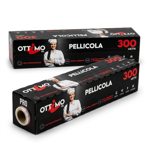 [50004] Pellicola Alimentare PVC Trasparente 29 cm x 300 m con Taglierina - Ottimo Pro