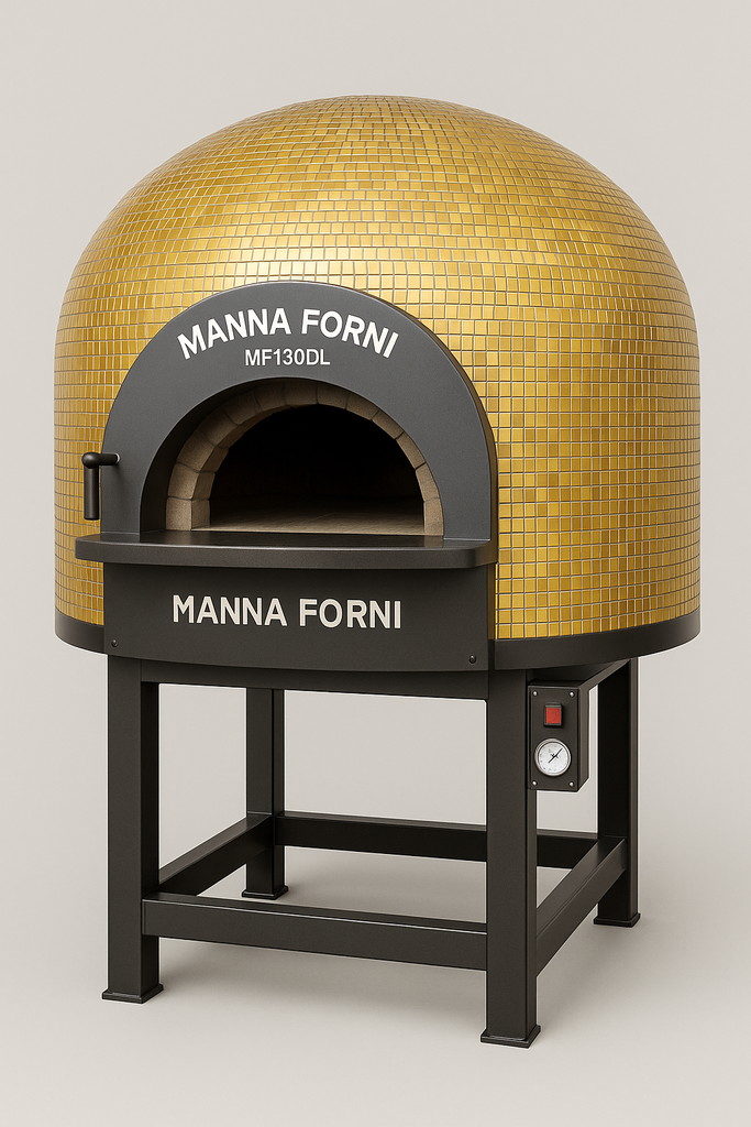 Forno a Legna per Pizzeria Professionale Manna Forni Mod. MF130DL con Rivestimento Mosaico Ceramica Oro