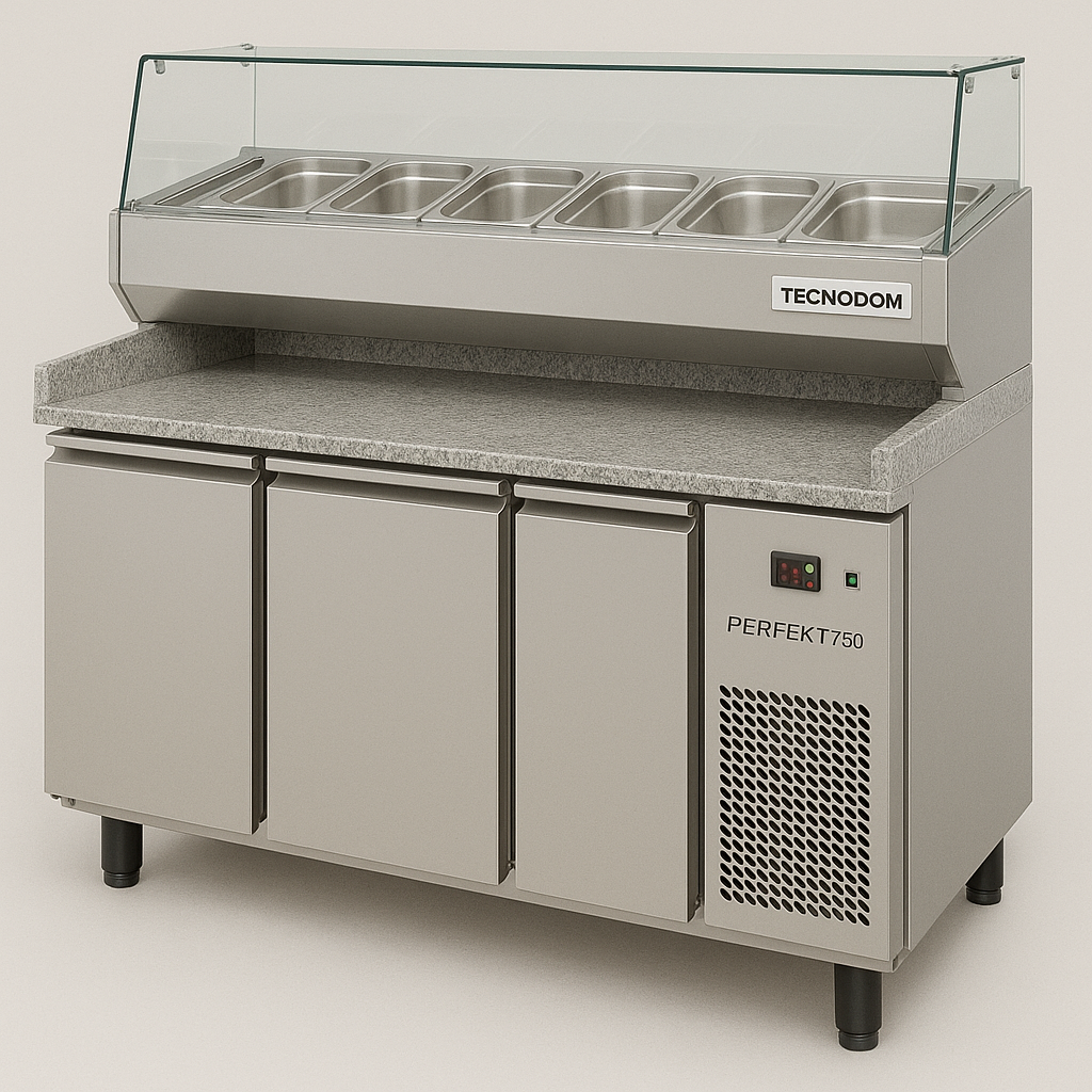 [PERFEKT750P3] TECNODOM Bancopizza Refrigerato con Vetrina 75cm - 3 Porte - Lunghezza 206cm - Modello PERFEKT750P3