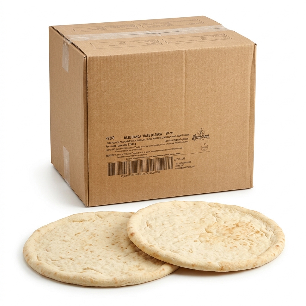 [07110035] BASE A PIZZA BLANCHE RONDE PRECUITE SURGELEE 29CM 230G 25PCS CRT POL