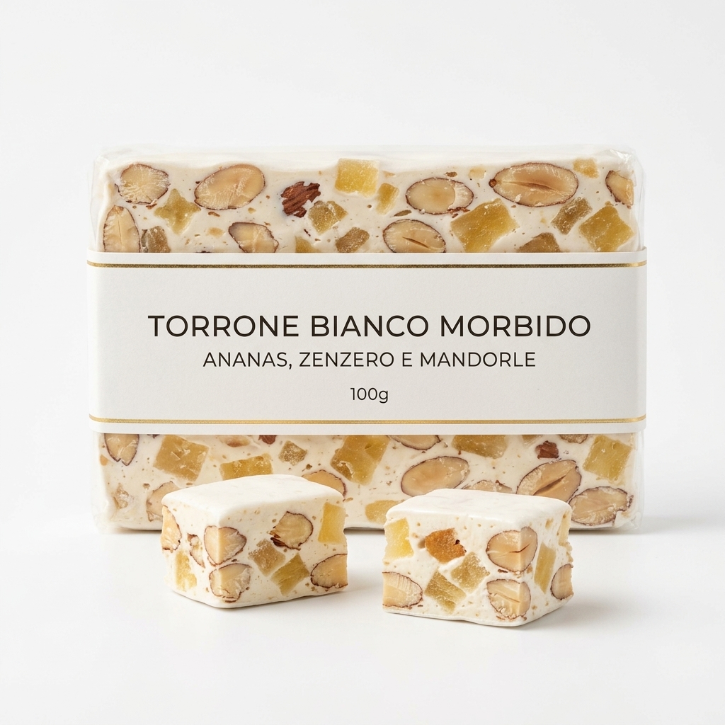 Torrone Bianco Morbido Ananas, Zenzero e Mandorle 100g