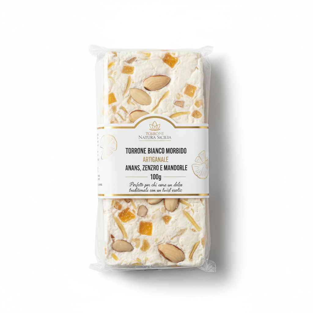 Torrone Bianco Morbido Ananas, Zenzero e Mandorle 100g