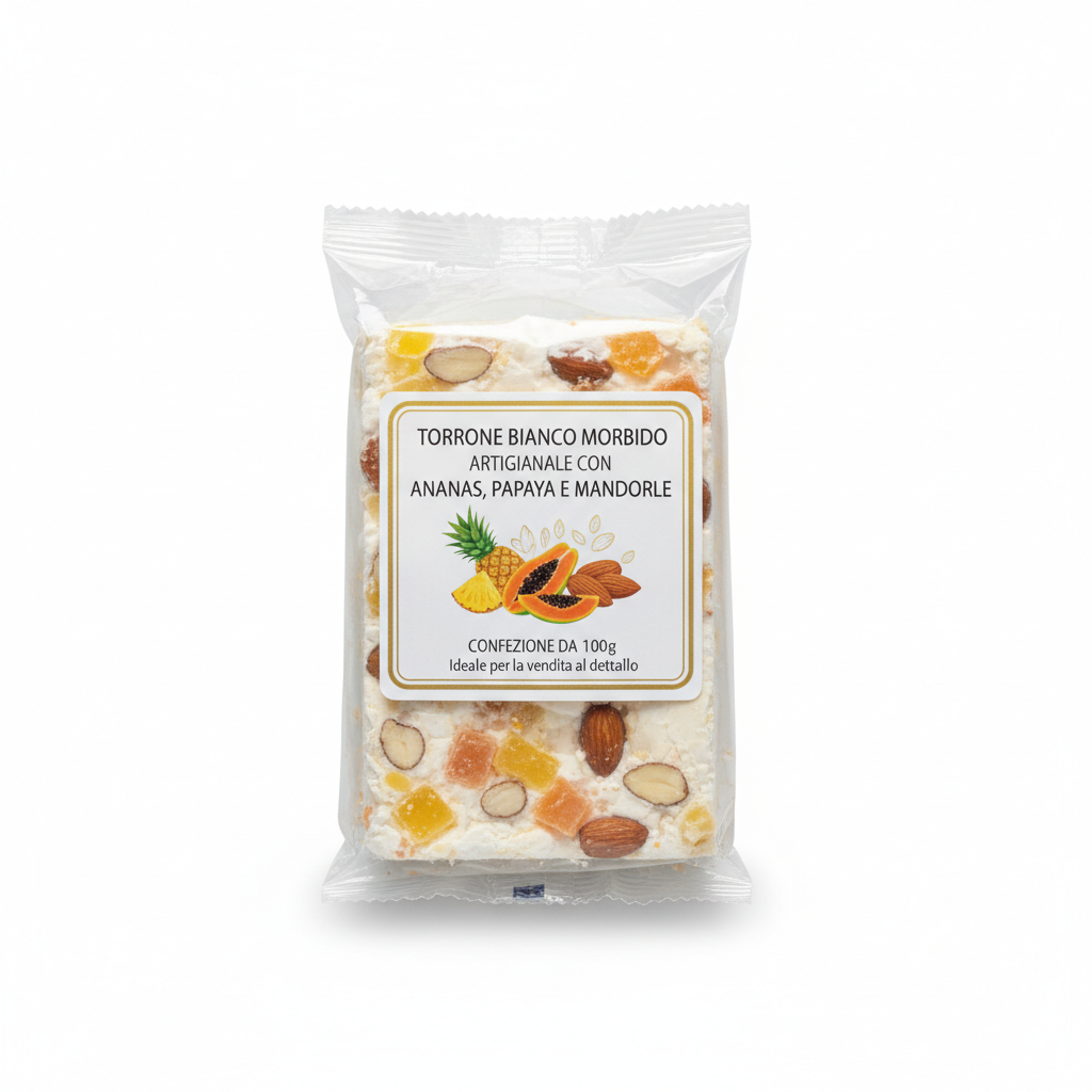 Torrone Bianco Morbido Ananas, Papaya e Mandorle 100g