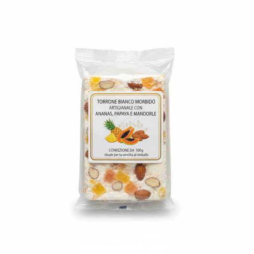 Torrone Bianco Morbido Ananas, Papaya e Mandorle 100g