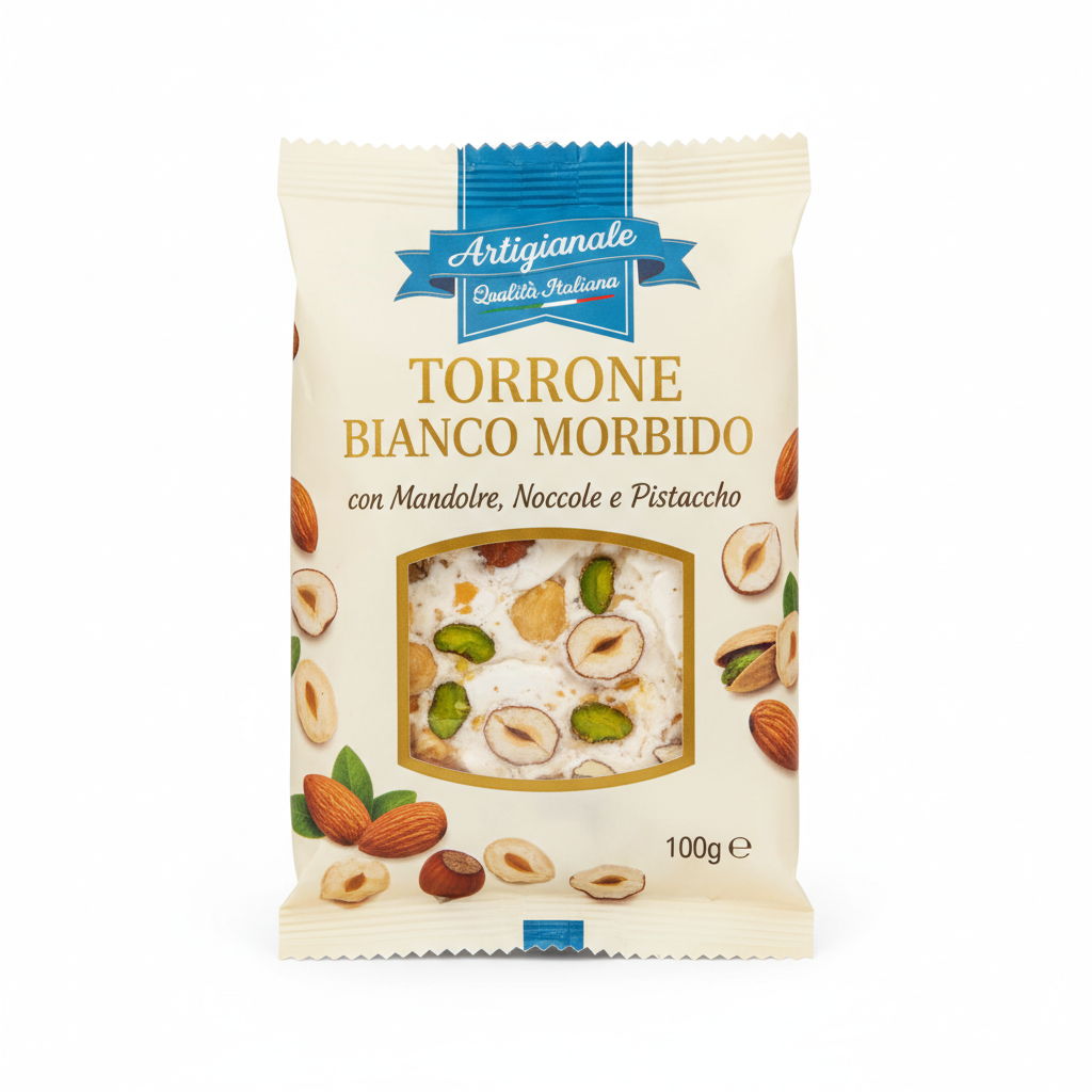 Torrone Bianco Morbido con Mandorle, Nocciole e Pistacchio - 100g