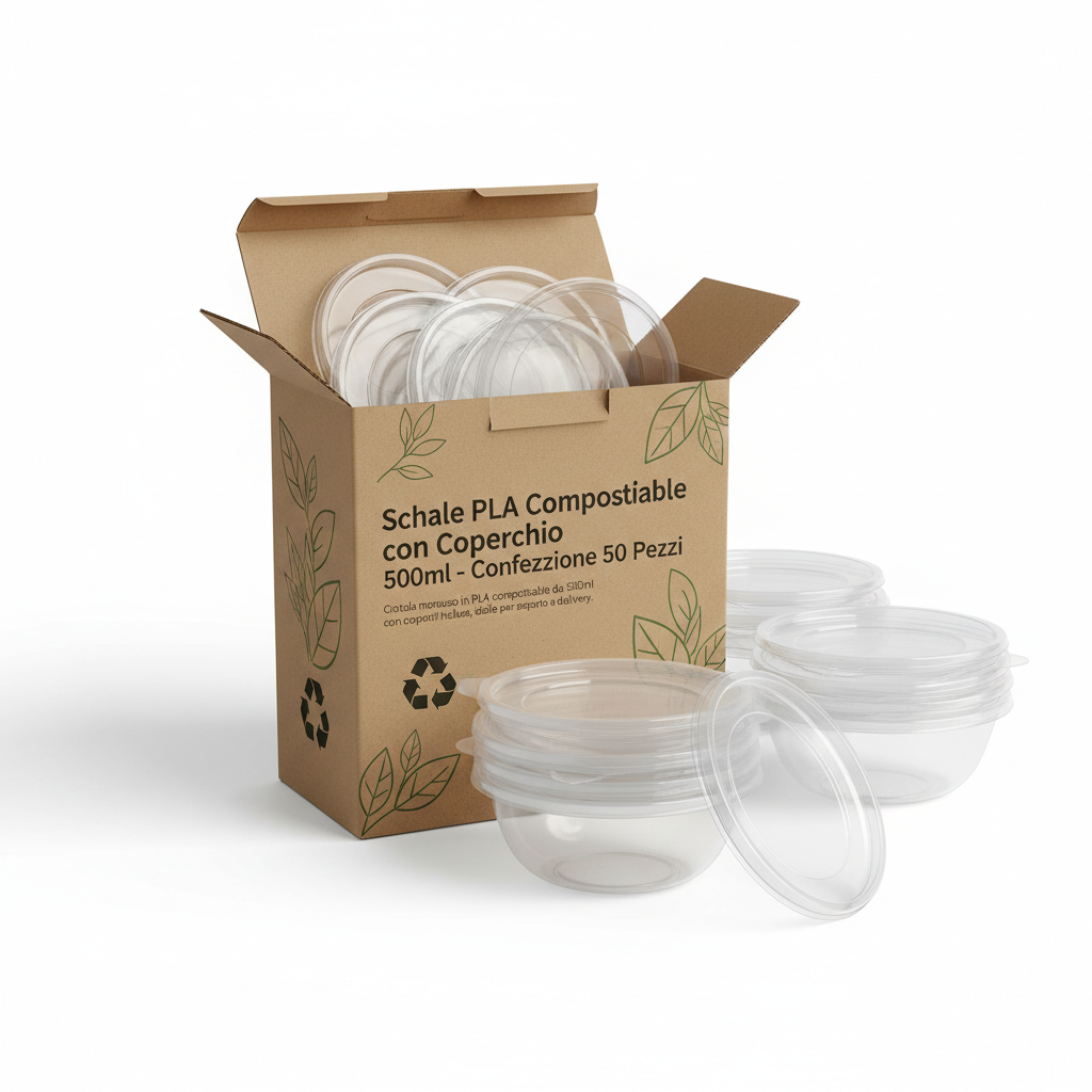 Schale PLA Compostabile con Coperchio 500ml - Confezione 50 Pezzi