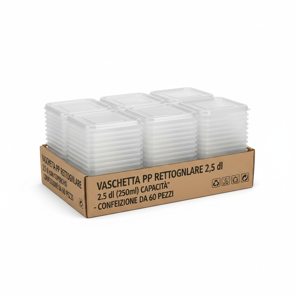 Vaschetta PP Rettangolare 2.5 dl con Coperchio - Confezione da 60 pezzi