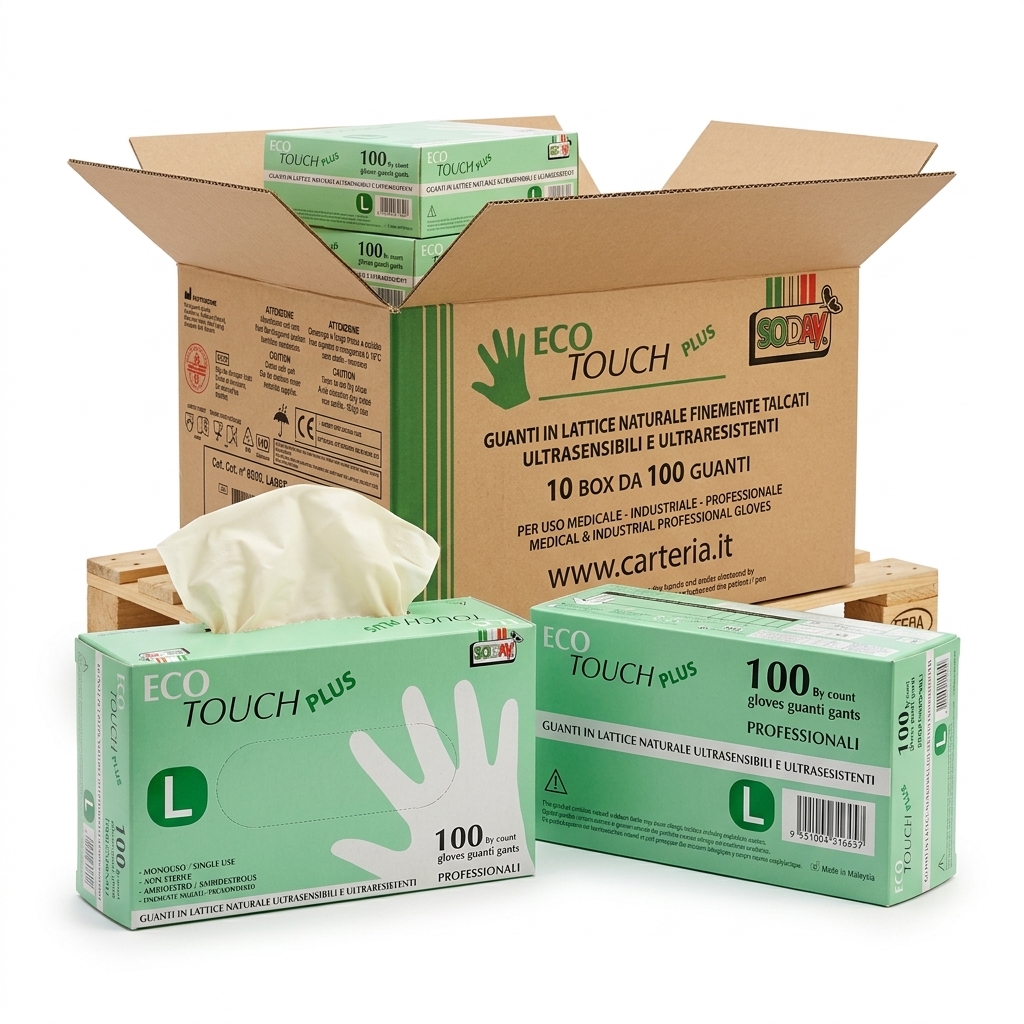 LATEX-HANDSCHUHE ECO TOUCH PLUS GEPUDERT GRÖSSE L 100ST PKG KART