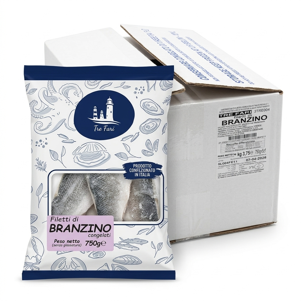 [3TRE004] Wolfsbarschfilet 80/120 mit Haut Tiefgekühlt 3,75 kg (5 x 750 g) — 3 Fari