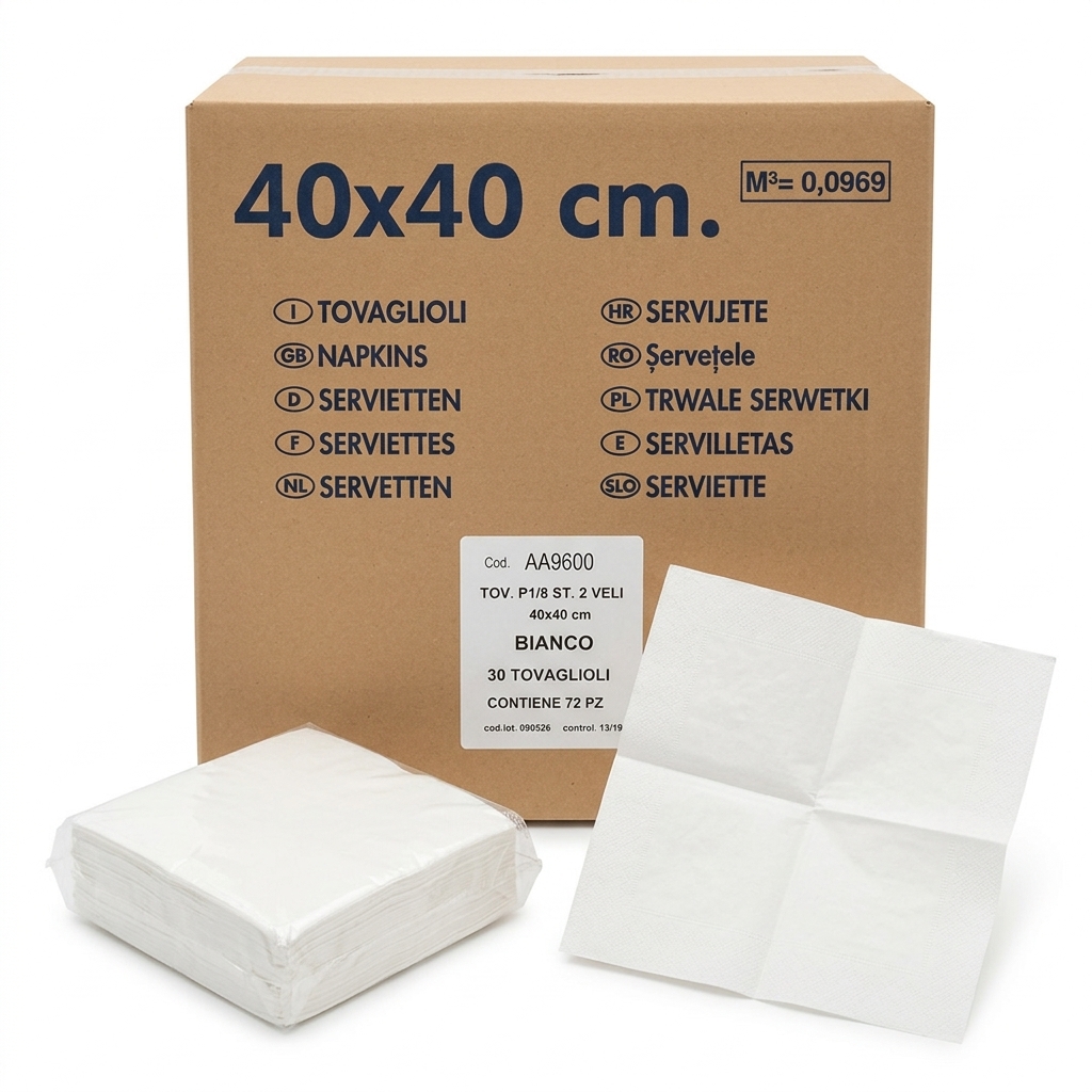 Tovaglioli 40x40 2 Veli Piega 1/8 Bianco — Conf. 30 pz, 72 conf./cartone