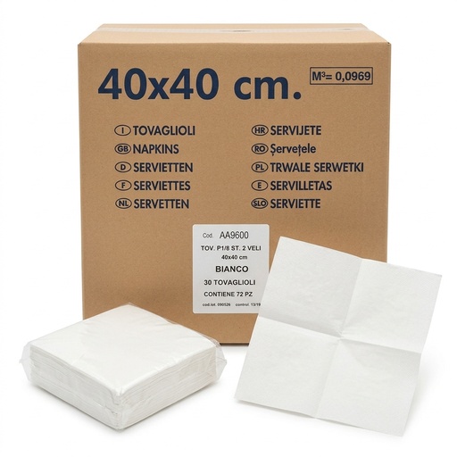 [AA9600] Serviettes en papier blanches 2 plis 40x40 cm, pliage 1/8, 30 pièces (Carton 72 paquets)