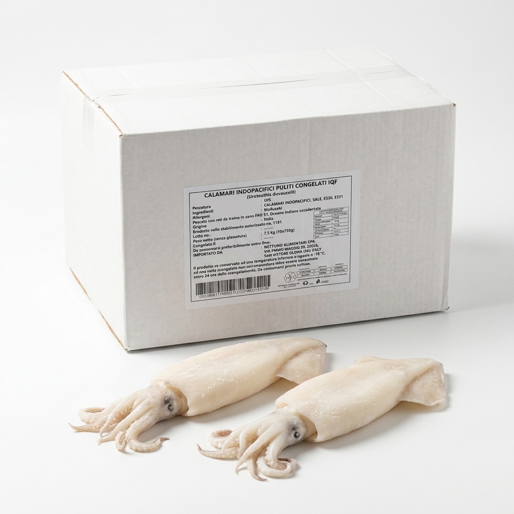 INDOPAZIFISCHER KALMAR GEPUTZT GANZ IQF INDIEN U/5 FAO 51 TIEFGEKÜHLT NETTOGEWICHT OHNE GLASUR 10X750G 7,5 KG KRT NETT
