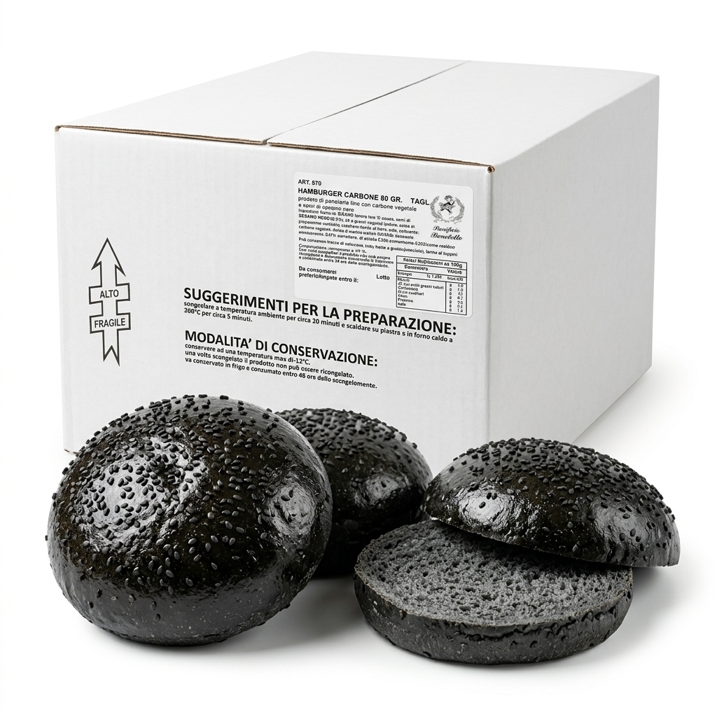 [07112185] Black Burger Bun al Sesamo Nero Pretagliato 80 g (Cartone 33 pz / 2,64 kg) — Panificio Benetollo