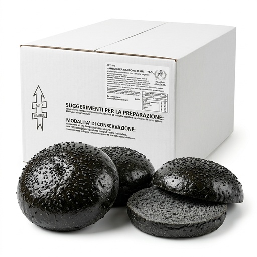 [07112185] Black Burger Bun au Sésame Noir Prétranché 80 g (Carton 33 pcs / 2,64 kg) — Panificio Benetollo