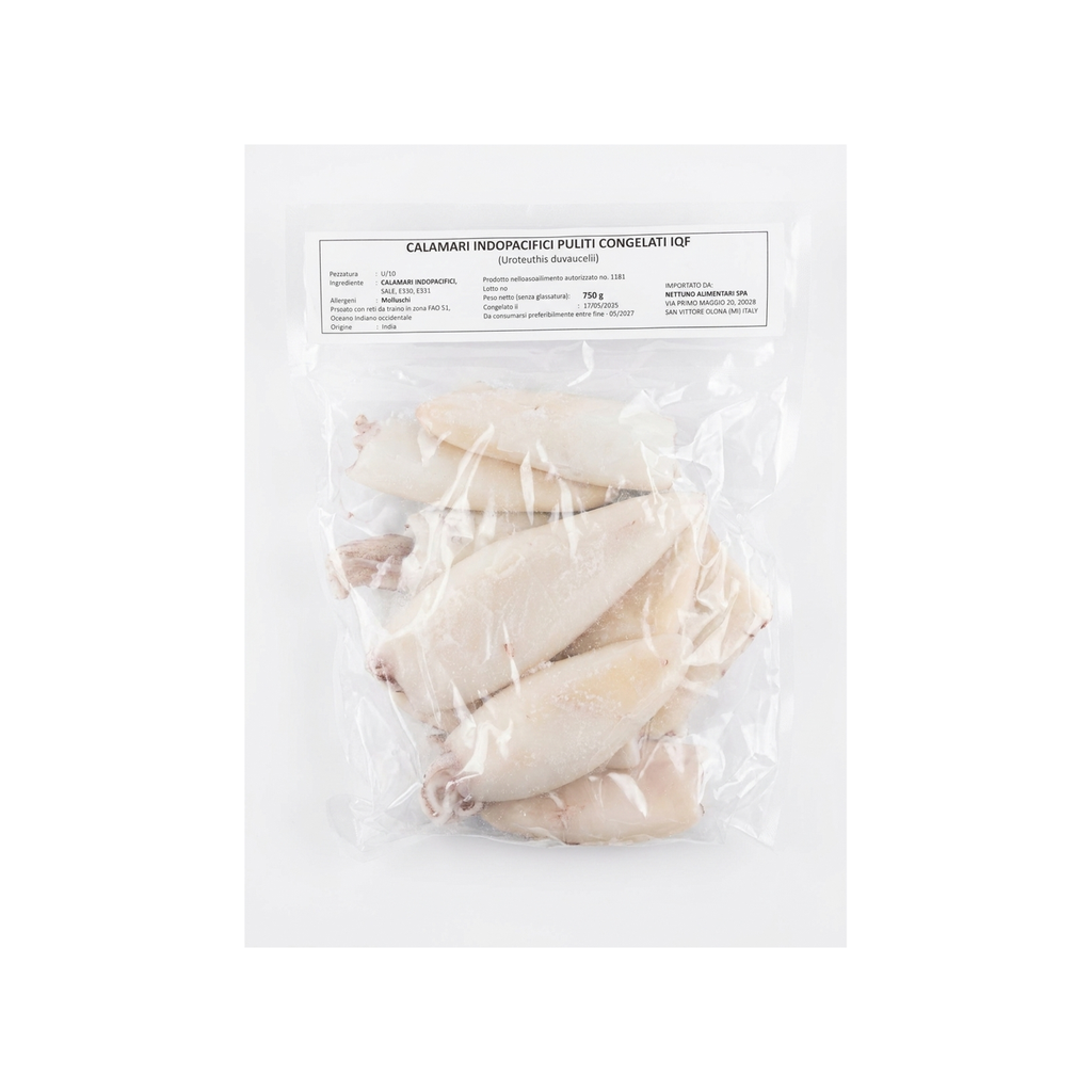 Calamaro Indopacifico Pulito Intero IQF India U/10 Fao 51 Cong Peso Senza Glassatura 10x750g 7,5 KG Crt NETT
