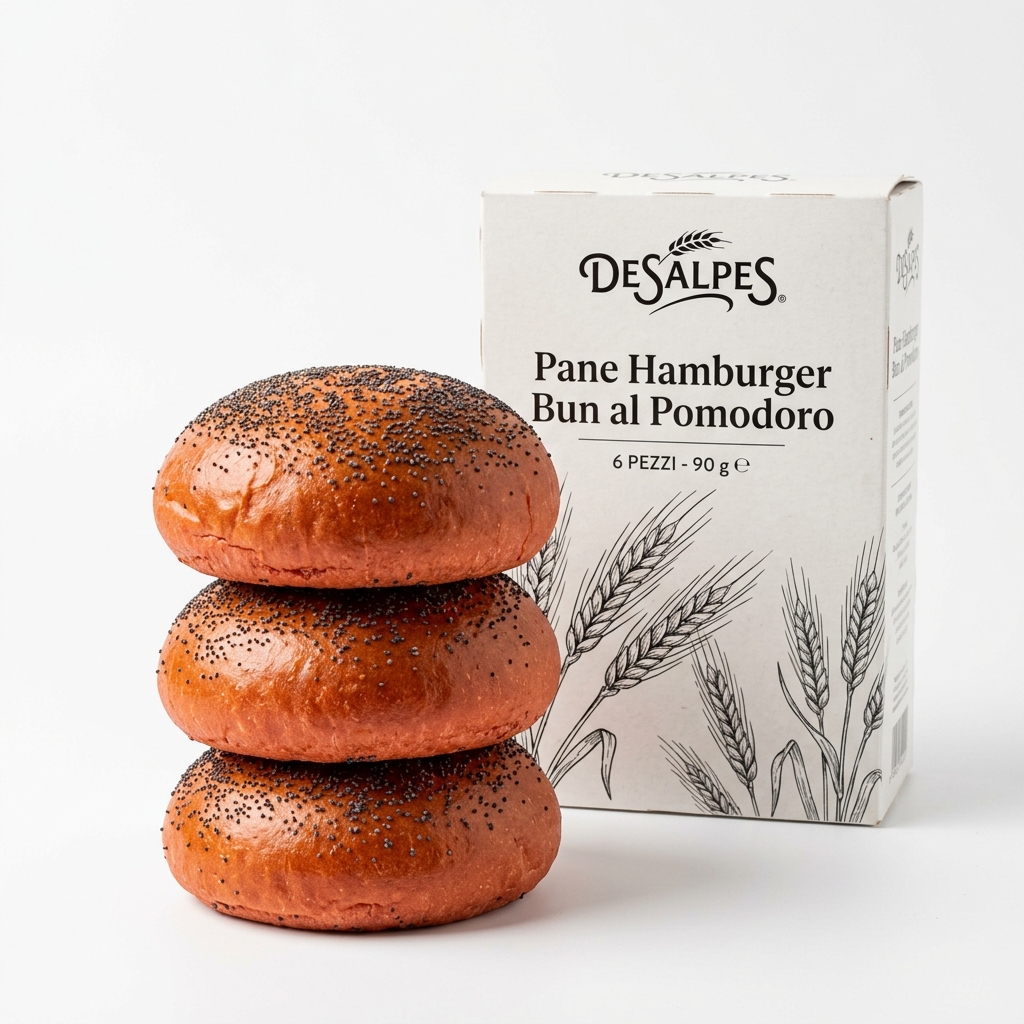 [07112171] Pane Hamburger Bun al Pomodoro 90 g (Cartone 36 pz / 3 kg) — Desalpes